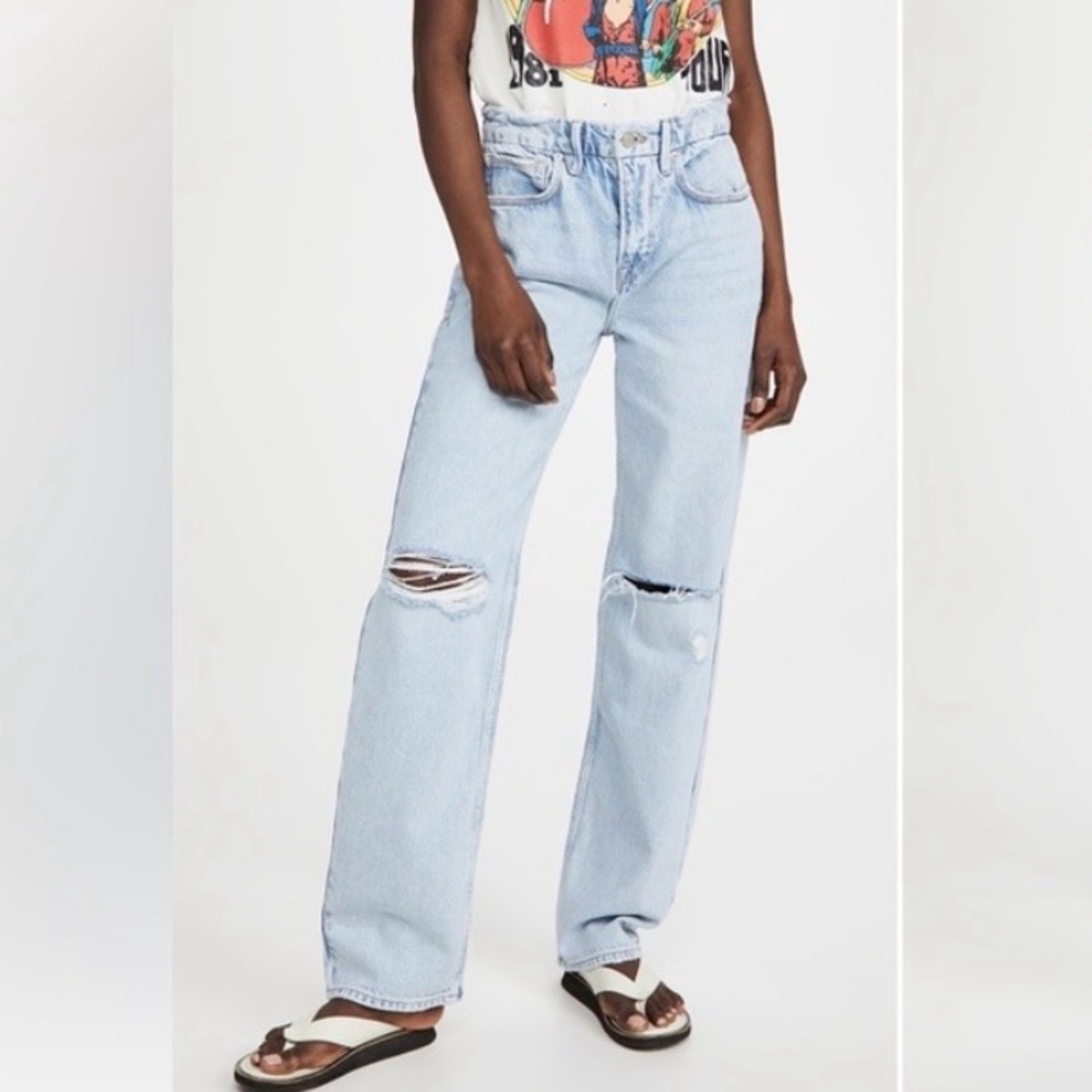 Good American Light Wash Straight Leg Jeans with Knee Rips
